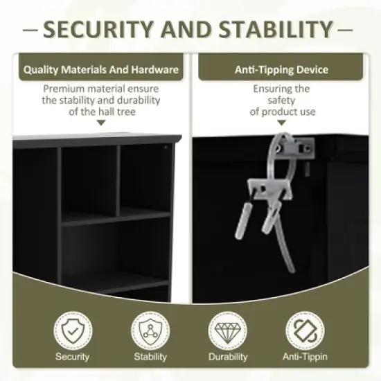 TIRAMISUBEST Hall Tree with Bench & Storage - Modern Entryway Organizer with Drawers, 5 Hooks & Shoe Cabinet, Black image {4}