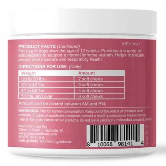 Chew + Heal MaxProtect Allergy Aid with Antioxidants, Dog Supplement & Multivitamin - 210 Delicious Total Chews image {3}