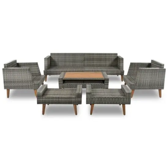 FIONECA 6-Piece All-Weather PE Wicker Outdoor Sofa Set with Double Cushions, Wood Legs & Tabletop, Beige and Gray Rattan Patio Furniture image {7}