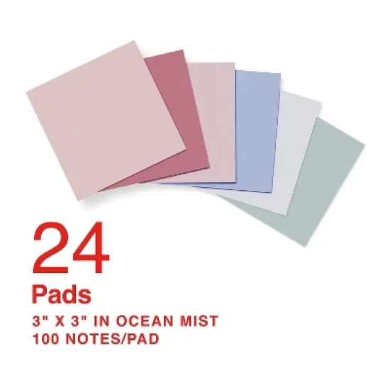 Staples Sticky Notes 3" x 3" Ocean Mist Collection 100 Sheets/Pad 24 Pads/Pack (ST62875) image {1}