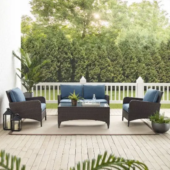 Kiawah 4pc Outdoor Wicker Conversation Set with Sofa, Arm Chairs & Coffee Table Blue - Crosley image {5}