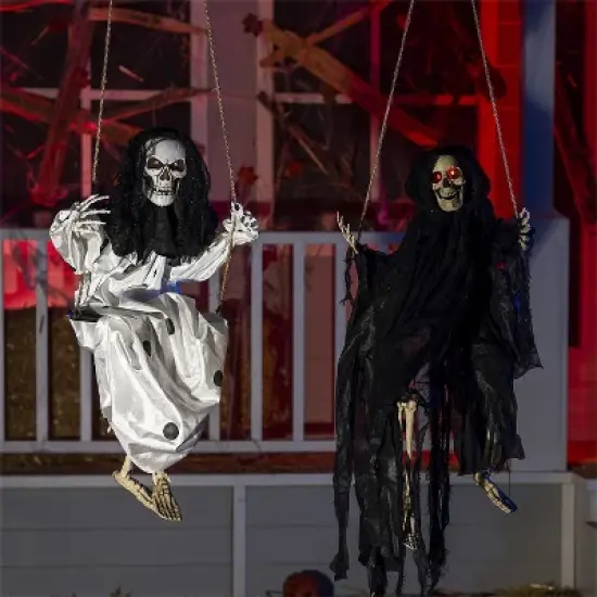 Joyfy 2 Packs 3ft Halloween Hanging Ghosts Outdoor Decor, Scary Grim Reaper Swinging Flying Skeleton with Lighted Up Eyes for Yard Patio Lawn Garden image {3}