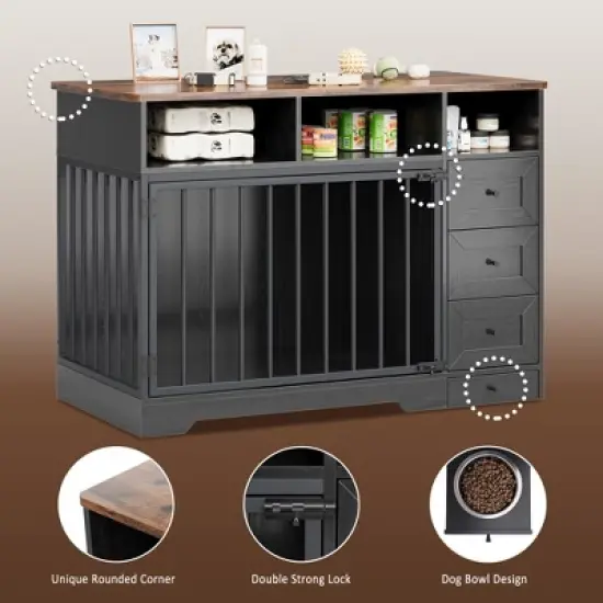48'' High Quality Wood Dog Crate Furniture with Bowl & Storage Drawers  for Small Medium, Black image {3}