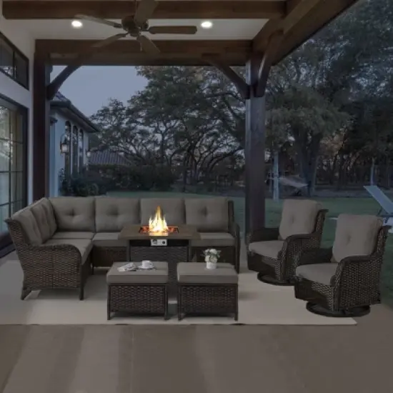 POCASSY 7-Piece Outdoor Furniture Set with Propane Fire Pit Table, Outdoor Living Set with All-Weather Brown Wicker Sectional Sofa and Swivel Chair image {16}