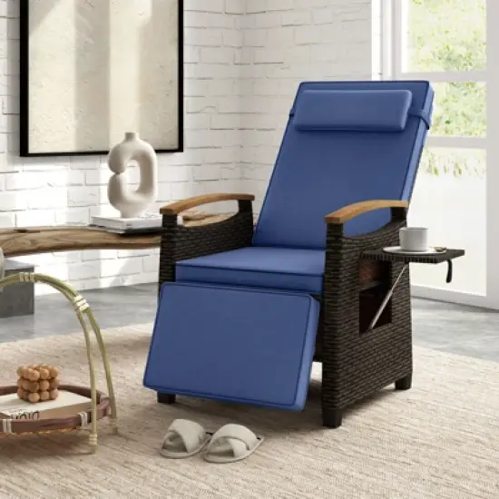 Tangkula Patio Rattan Lounge Chair PE Wicker Recliner Chair w/ Adjustable Backrest & Footrest image {2}