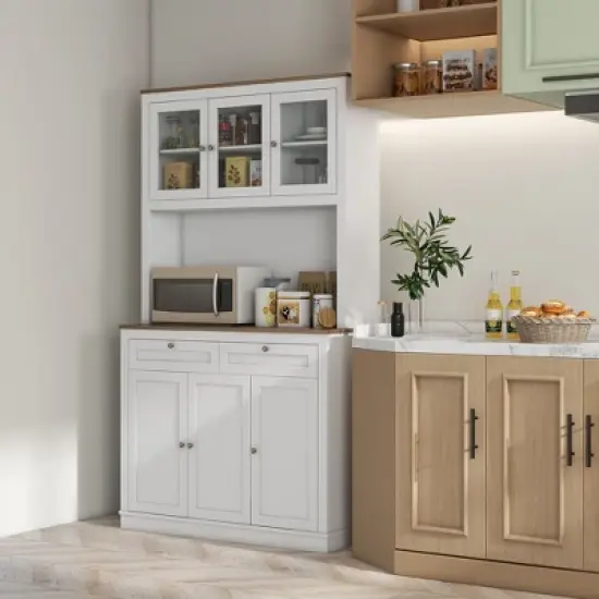 HOMCOM 71" Tall Kitchen Pantry Storage Cabinet with 2 Drawers, Microwave Cabinet with Adjustable Shelves and Glass Doors, White image {1}