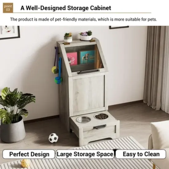 Pet Feeder Station with 2 Raised Bowls, 35.2 Inch Dog Food Storage Cabinet with Flip Top, Pet Toy Organizer for Large, Medium, Small Dogs image {5}