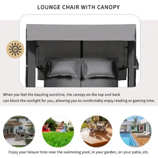 2-Piece Outdoor Rattan Daybed with 5 Positions, Canopy, Bench, and Cushions for Poolside, Backyard & Garden image {3}