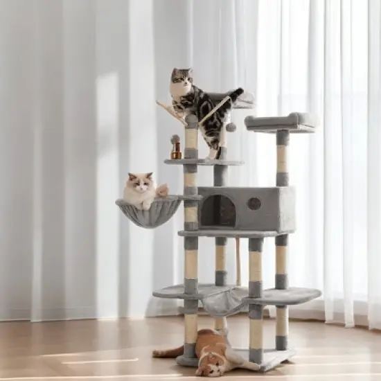 64.6 Inches Large Cat Tree Tower, Tall Cat Activity Center with Hammock, Basket, and Removable Fur Ball Sticks, Cat Condo Cat Houses for Indoor Cats image {1}