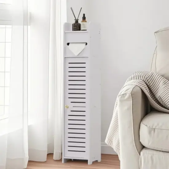 VECELO Bathroom Corner Shelf Storage, Waterproof Corner Cabinet with Toilet Paper Roll, Narrow Storage Organizer for Small Spaces, White image {13}