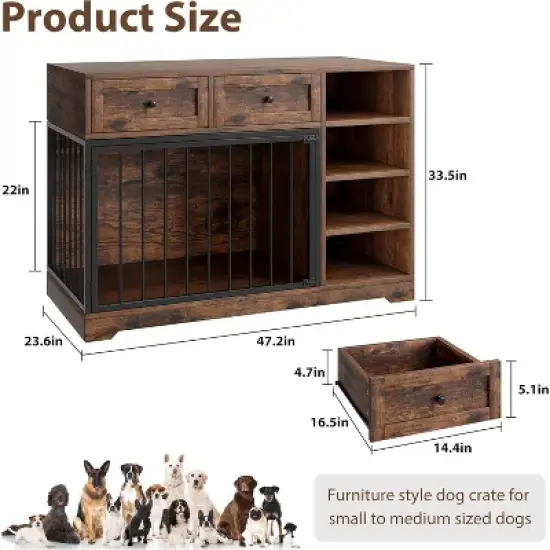 Acekool 47" Farmhouse Dog Crate Furniture with Storage Drawers & Shelves for Large Dogs image {2}