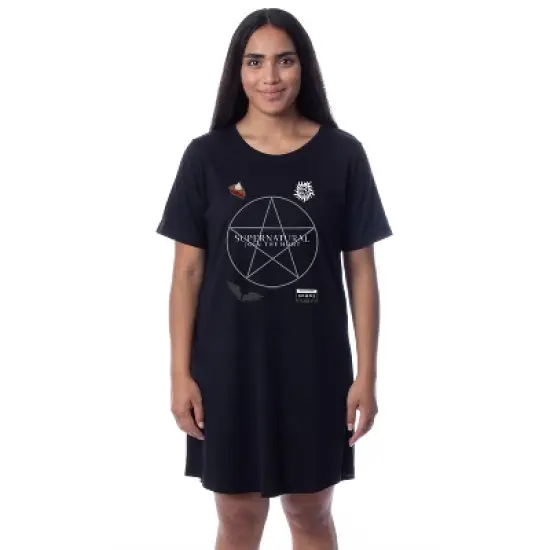 Supernatural Womens' Join The Hunt Pentagram Nightgown Sleep Pajama Shirt Black image {3}