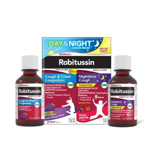 Children's Robitussin Day/Night Cough & Chest Congestion DM - Dextromethorphan - Grape & Fruit Punch Flavors - 4 fl oz/2pk image {5}