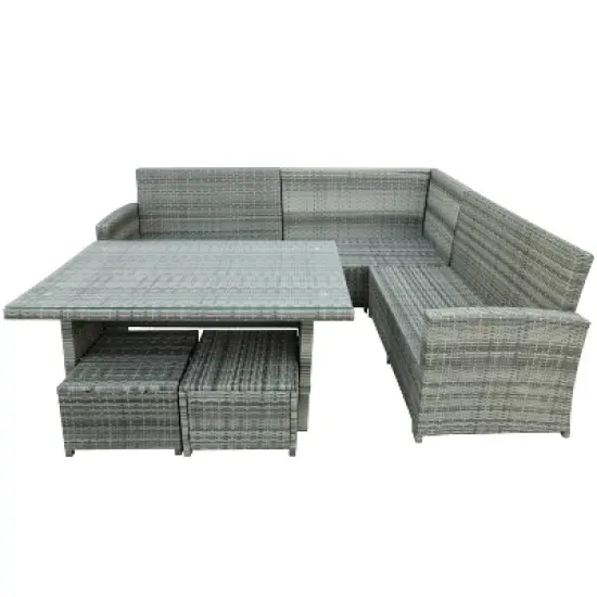 6pc Wicker Patio Set with Glass Table Ottomans - Gray/Dark Gray - GODEER image {23}