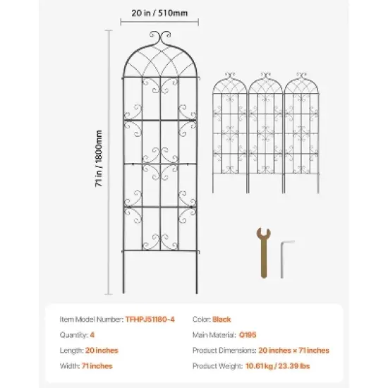 VEVOR Garden Trellis for Climbing Plants, 71 x 20 in, 4 Packs Rustproof Metal Garden Flower Trellis, Outdoor Climbing Rose Trellis Cucumbers Support image {7}