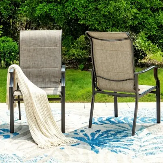 Captiva Designs 8pc Outdoor Dining Rectangle Steel Table & Padded Sling Armchairs & Market Umbrella image {7}