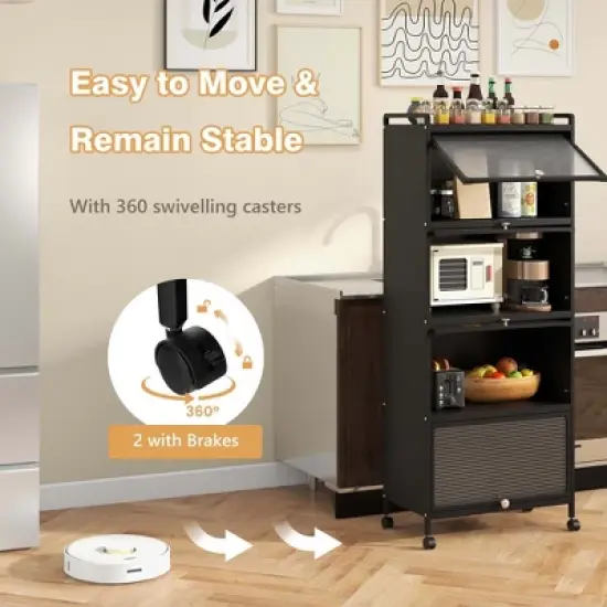 Costway 5-Tier Kitchen Baker's Rack Storage Cabinet Mobile Microwave Stand Flip-up Doors White/Black/Grey/Green image {7}