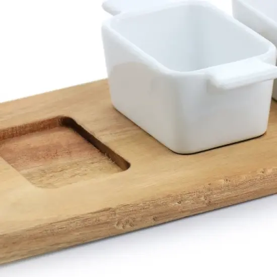 Gibson Elite Gracious Dining 5 Piece Fine Ceramic Tidbit Dish Set with Acacia Wood Base image {5}