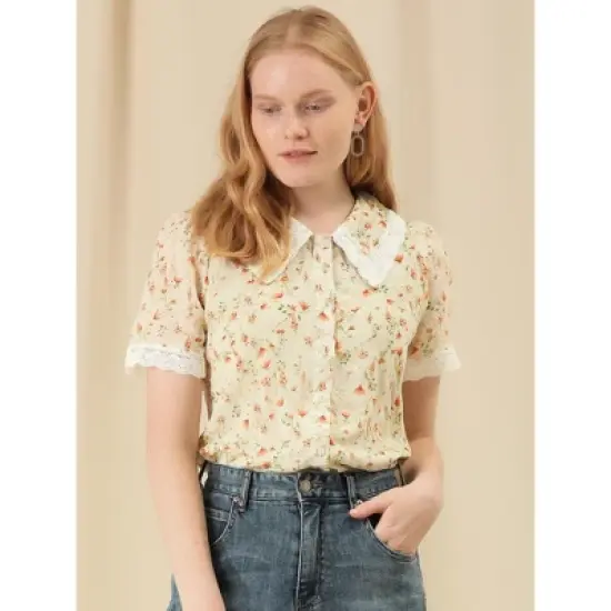 Allegra K Women's Peter Pan Collar Lace Embroidered Casual Floral Shirt Blouse image {1}
