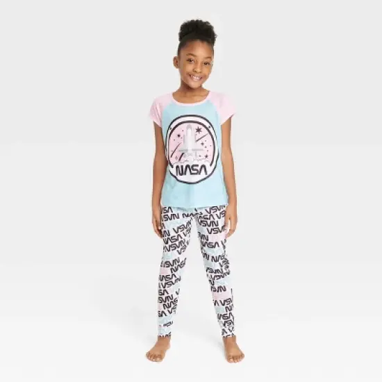 Girls' NASA 2pc Short Sleeve Top and Joggers Pajama Set - Pink/Blue/White  image {3}