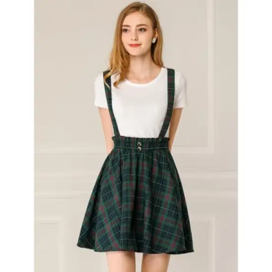 Allegra K Women's Plaid Pleated Mini Tartan Overall Skater Suspender Skirt image {1}