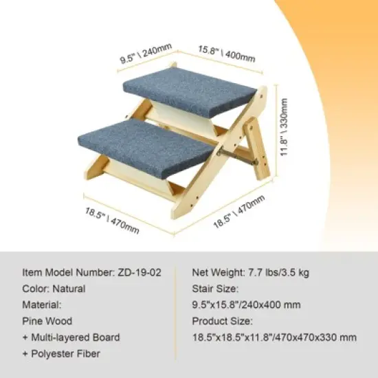 VEVOR Wooden Pet Steps, Convertible 2-in-1 Dog Stairs and Ramp for Beds, Sofas, and Vehicles, Supports Small to Large Animals up to 110 lbs image {7}