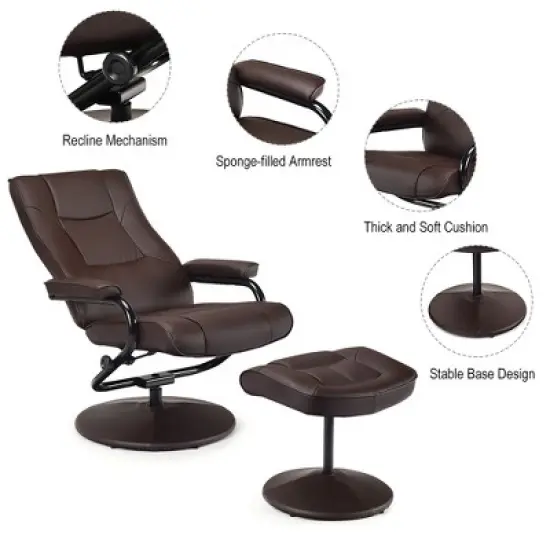Costway Recliner Chair Swivel PU Leather Lounge Accent Armchair w/ Ottoman Brown image {9}