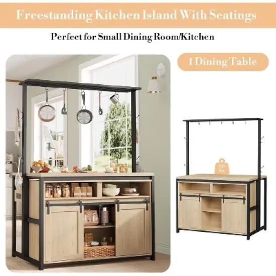 Acekool 42'' Kitchen Island Table with Power Outlets, Sliding Barn Door, Storage Shelves, Hooks, Large Dining Prep Counter, Wood color image {3}