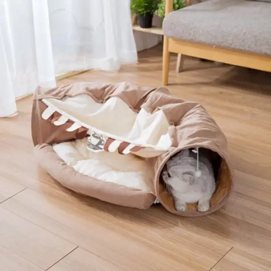 LOVSON Foldable Cat Tunnel Bed, Indoor Cat Use Only, Cat Hideaway Tunnel with Hanging Toy and Soft Cushion Pad, Washable, Coffee Brown image {1}