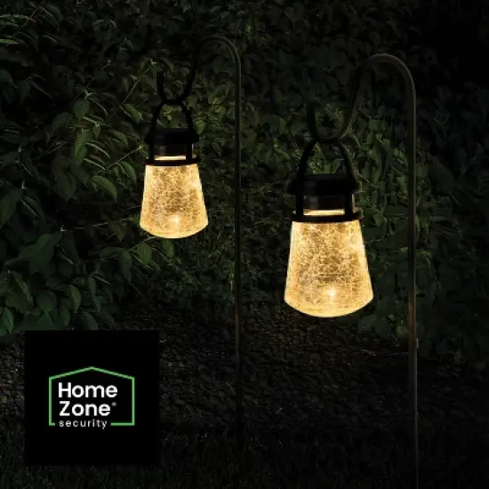 Home Zone Security&reg; 10-Lumen Solar Crackle-Glass LED Lantern Path Lights with Shepherd Hook, 2 Pack in Black image {6}