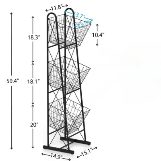 FONTOI Baker's Racks, Freestanding Metal Wire Rack, 3-Tier Storage Basket Organizer for Fruit Vegetables in Kitchen, Black, 14.9"*59.4"*15.1" image {1}