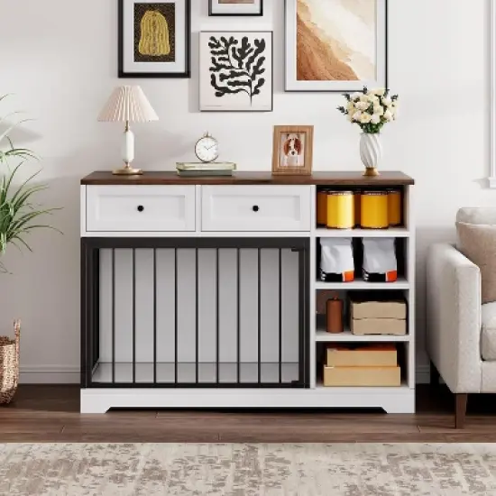 Dog Crate Furniture 47", Large Dog Crate with 2 Drawers and 4 Shelves, Wooden Heavy Duty Dog Crate, Decorative Dog Indoor Kennel Furniture Indoor image {8}