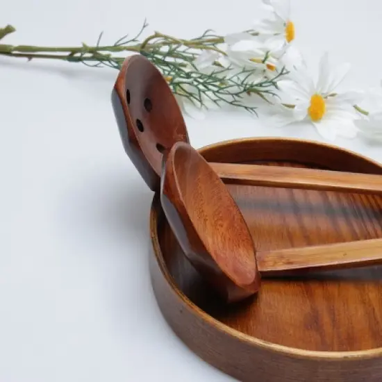 Unique Bargains Home Wooden Soup Spoon Strainer ladle Spoon Kitchen Cookware Tool Set of 2 image {4}