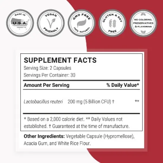 Supersmart Lactobacillus Reuteri 5 Billion CFU per Day - Probiotic Supplement | Non-GMO & Gluten Free - 60 DR Capsules image {3}