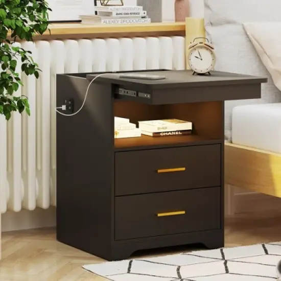 Fredees Night Stand with Drawer, Charging Bedside Table with USB & Type-C Port, LED Nightstand with Human Sensor Light. image {3}