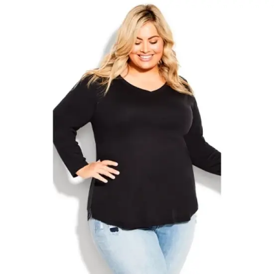 Women's Plus Size V Neck Essential 3/4 Sleeve Tee - black | AVENUE image {3}