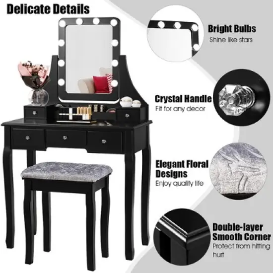 Costway Vanity Dressing Table Set w/ 10 Dimmable Bulbs Touch Switch Cushion Stool White\Black\Brown image {5}