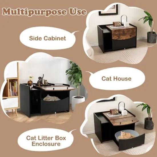 Tangkula Cat Litter Box Enclosure w/ Pull-out Drawer Flip Door Rolling Caster Indoor Black image {6}