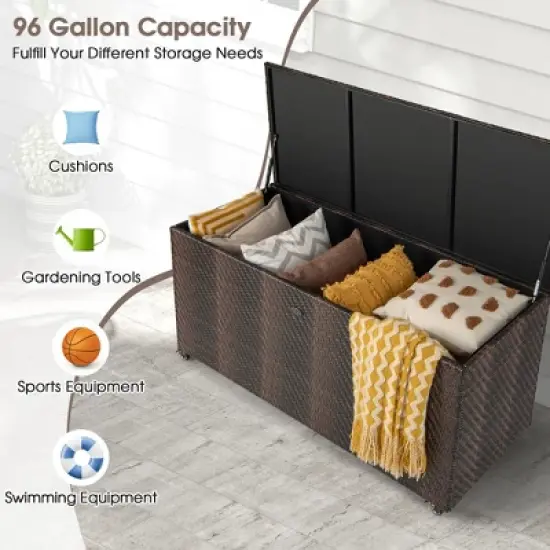 Costway 96 Gallon Patio Rattan Storage Deck Box Container Garden Liner Wheels Mix Brown/Grey image {6}