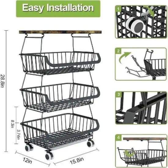 4 Tier Fruit Storage Basket,Kitchen Storage Rack with Rollers for Pantry image {2}