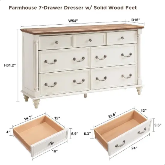 Farmhouse 7 Drawers Dresser for Bedroom with 4 Solid Wood Feet & Column Decor & Metal Slide, Storage Dressers for Bedroom image {3}
