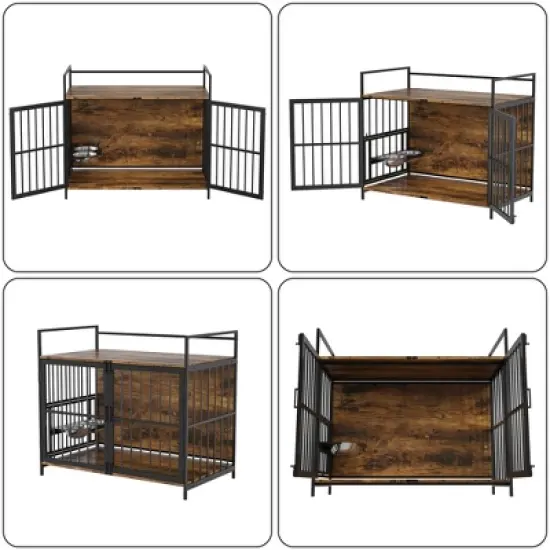 Furniture Style Large Dog Crate with 360&deg; & Adjustable Raised Feeder for Dogs 2 Stainless Steel Bowls -End Table House Pad image {3}