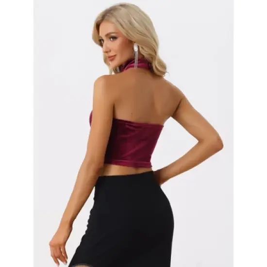 Allegra K Women's Party Tanks Punk Sleeveless Gothic Velvet Halter Cold Shoulder Camis Crop Tops image {2}