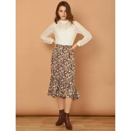 Allegra K Women's Summer Floral Elastic Waist High Low Ruffle Hem Midi Skirts image {2}