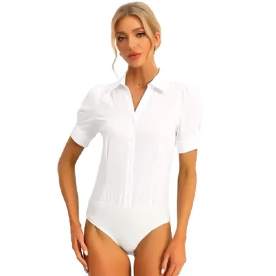 Allegra K Women's Office Button Down One-Piece Short Sleeve Bodysuit Work Shirt image {6}