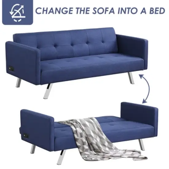 Costway Convertible Futon Sofa Bed Folding Recliner w/USB Ports&Power Strip Grey\Blue image {7}