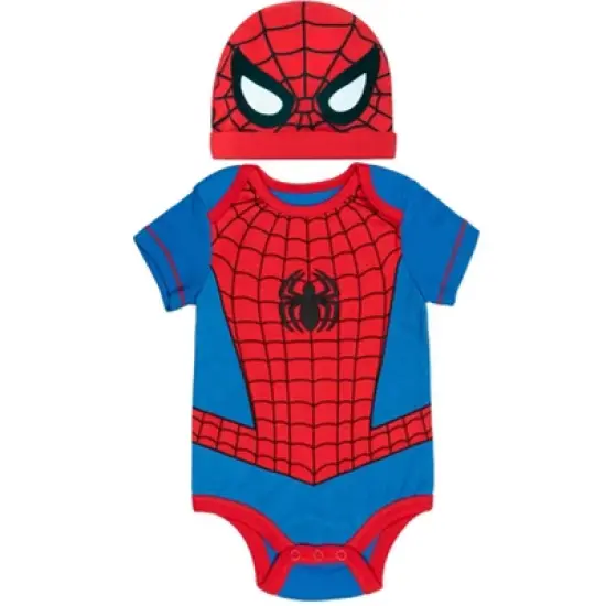 Marvel Avengers Captain America Spider-Man Thor Hulk Cosplay Short Sleeve Baby Bodysuit and Hat Newborn to Infant image {8}