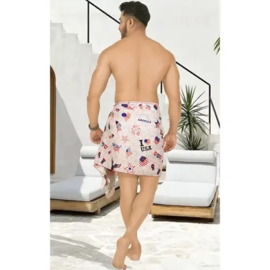 LA LEELA Men's Patriotic 4th of July USA Flag Swimwear Summer Sarong Swim Trunk Pareo Beach Wrap One Size Stripes Red image {2}