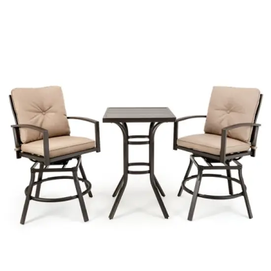Costway Patio 3pcs Swivel Bar Height Bistro Set Cushioned Table Stools Furniture Outdoor image {9}