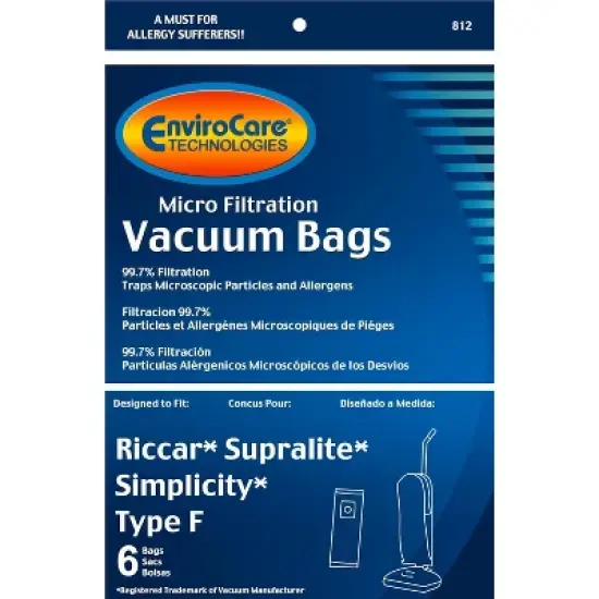 EnviroCare Replacement Micro Filtration Vacuum Cleaner Dust Bags made to fit Riccar Supralite and Simplicity Type F Uprights 6 pack image {1}